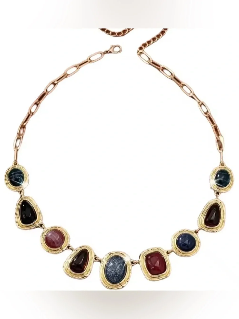 Gold tone Multi-Stone Statement Necklace in Blue and Red Elegant Necklace.